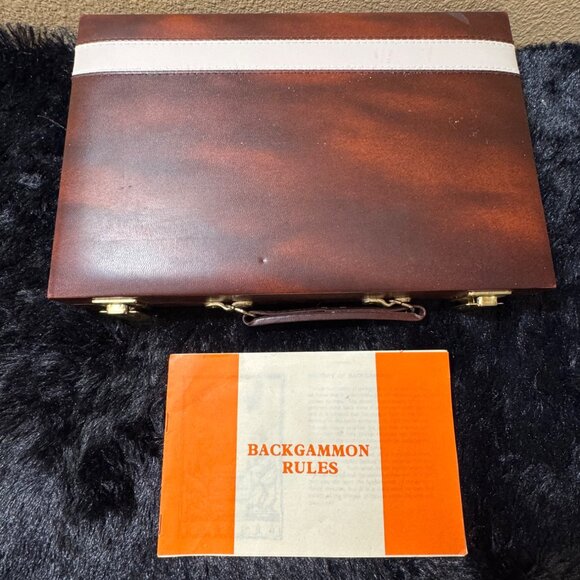 Vintage Brown Leather Backgammon Set With Board Chips & Dice In Travel Case - Picture 1 of 9